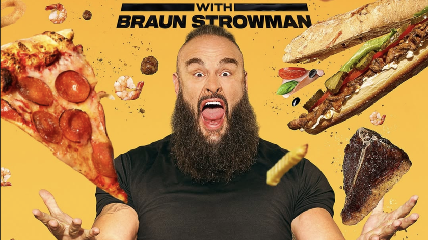 WWE star surrounded by junk food in Everything on the Menu with Braun Strowman 2025 TV food and travel show