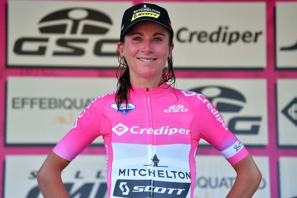 ARCIDOSSO ITALY SEPTEMBER 12 Podium Annemiek Van Vleuten of The Netherlands and Team Mitchelton Scott Pink Leader Jersey Celebration during the 31st Giro dItalia Internazionale Femminile 2020 Stage 2 a 1248km stage from Civitella Paganico to Arcidosso GiroRosaIccrea GiroRosa on September 12 2020 in Arcidosso Italy Photo by Luc ClaessenGetty Images