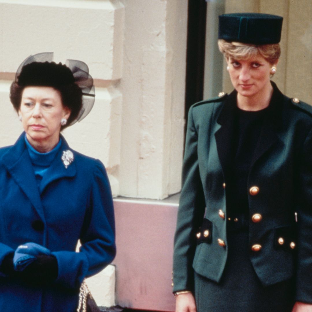 Princess Margaret wears a black hat and a blue coat while Princess Diana wears a dark green blazer with gold buttons and a matching hat