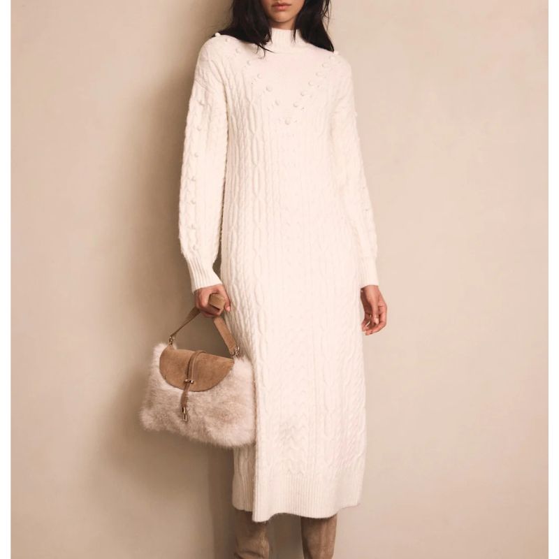 Mint Velvet , Cream Bobble Detail Knitted Midi Dress