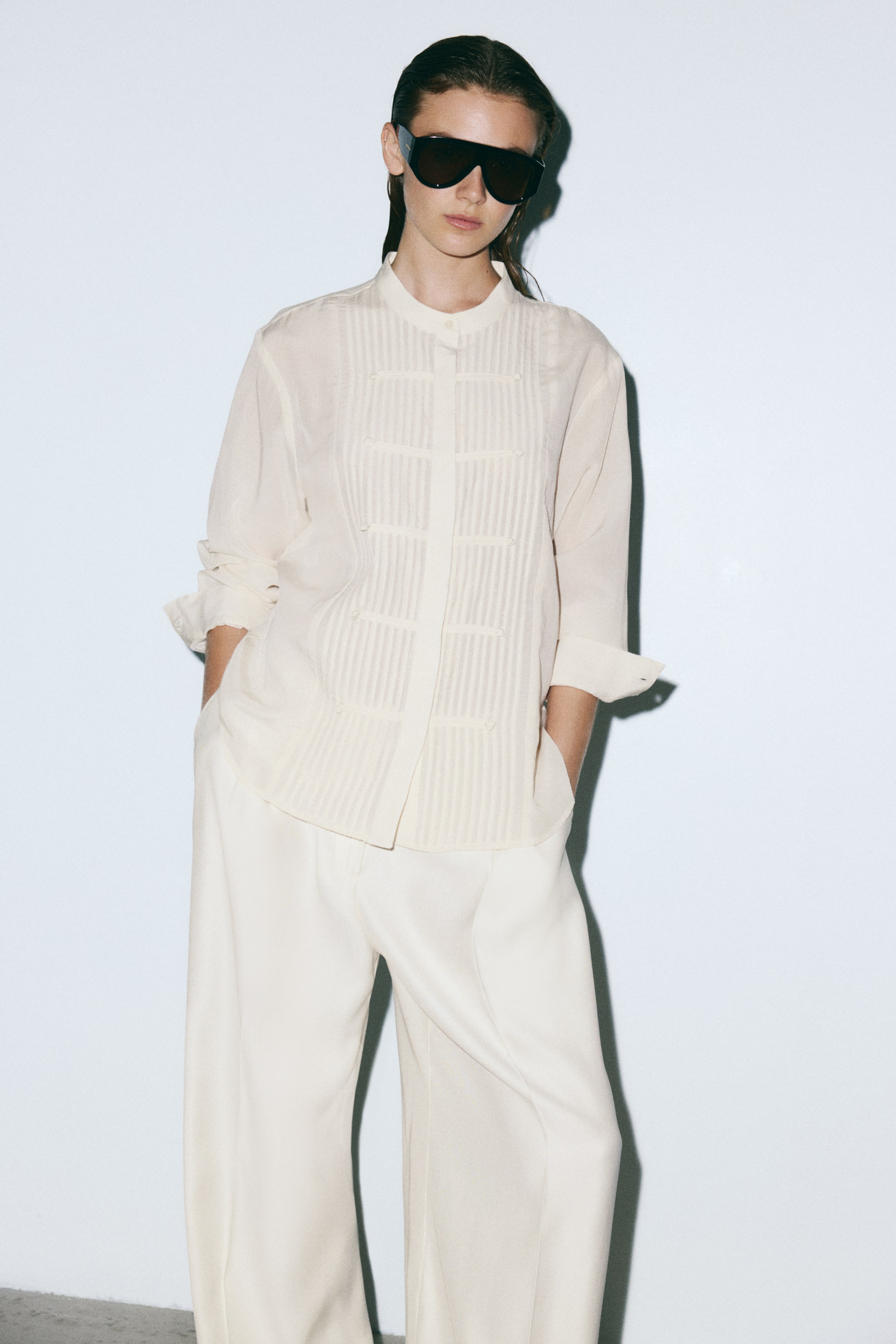 Button-Front Pintuck Blouse