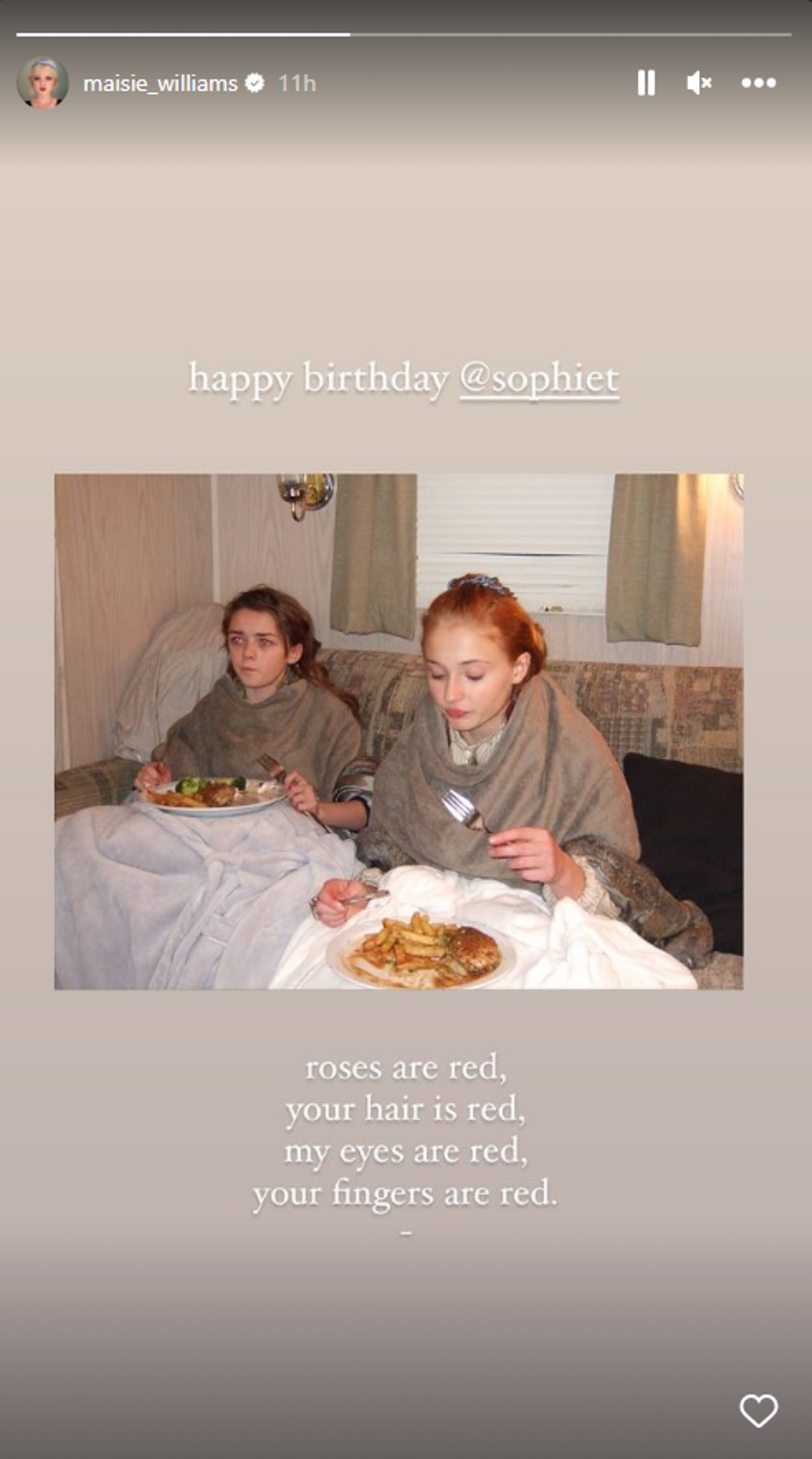 Maisie Williams wishes Sophie Turner happy birthday by posting throwback photo and a poem.
