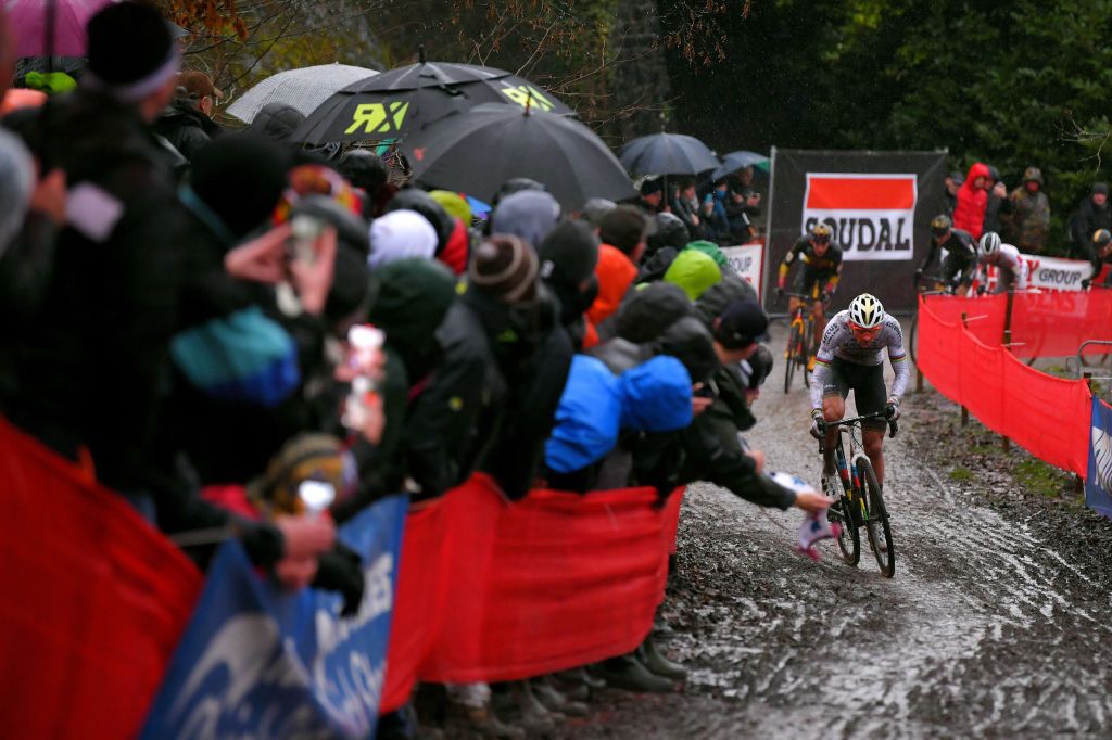 NAMUR BELGIUM DECEMBER 22 Mathieu Van Der Poel of The Netherlands and Team Corendon Circus Toon Aerts of Belgium and Team Telenet Baloise Lions Public Fans Mud during the 11th Namur World Cup 2019 UCICX TelenetUCICXWC on December 22 2019 in Namur Belgium Photo by Luc ClaessenGetty Images