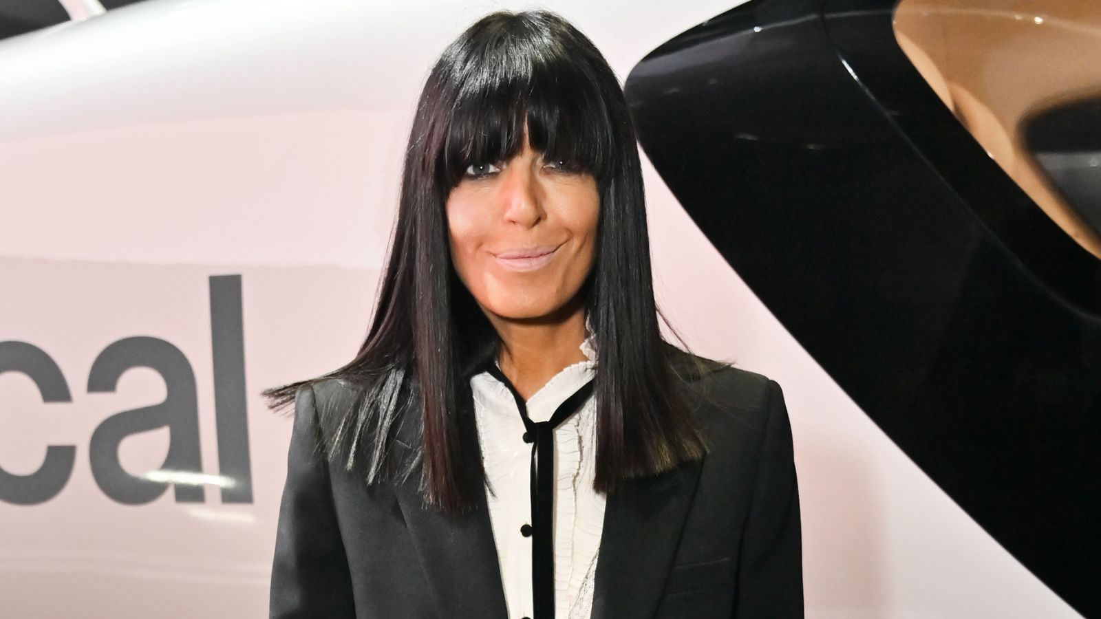 Claudia Winkleman wearing black and white tailored outfit at Vertical Aerospace Valo Launch