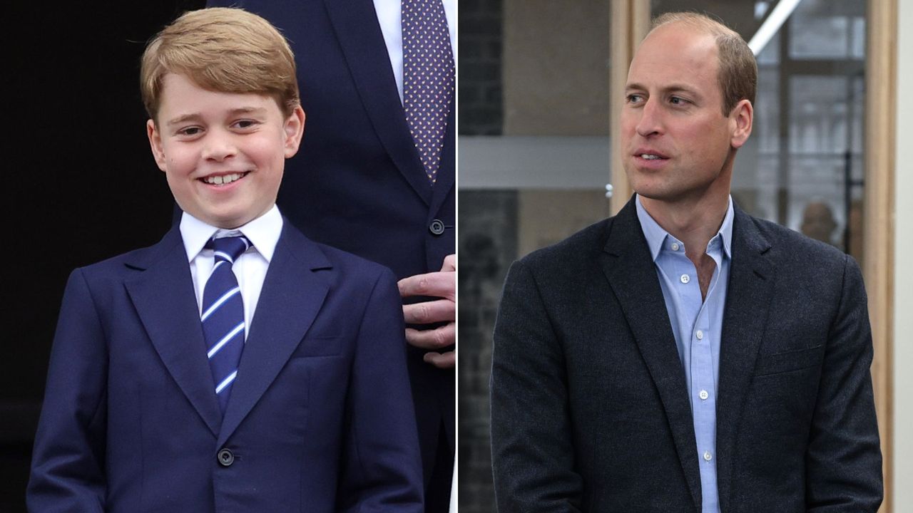 Composite of Prince George on the balcony of Buckingham Palace in 2022 and Prince William during a visit to Sustainable Ventures on October 05, 2023