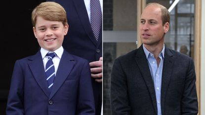 Composite of Prince George on the balcony of Buckingham Palace in 2022 and Prince William during a visit to Sustainable Ventures on October 05, 2023