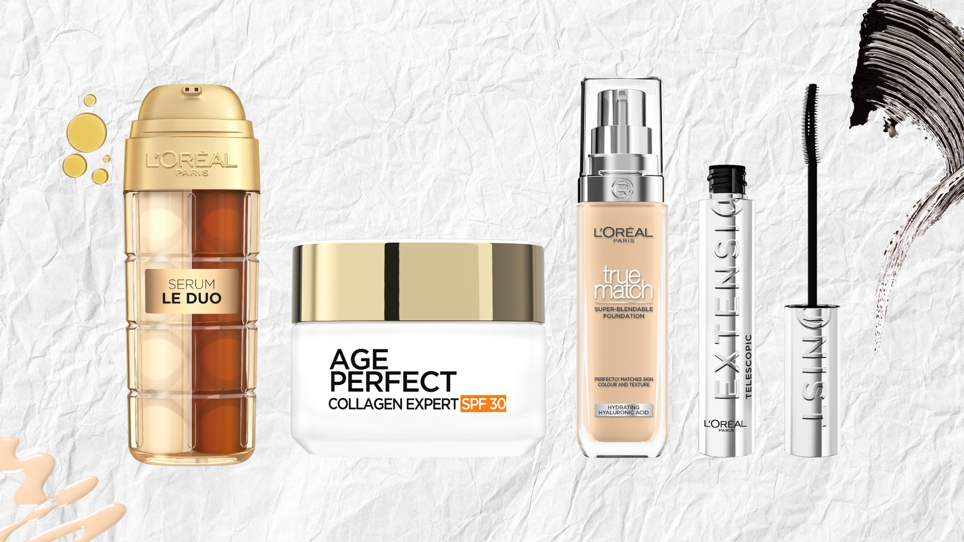 (L-R) L'Oréal Serum Le Duo, Age Perfect Collagen Expert SPF30 Day Cream, True Match Foundation and Telescopic Extensionist Mascara on a white background with mascara, foundation and oil swatches