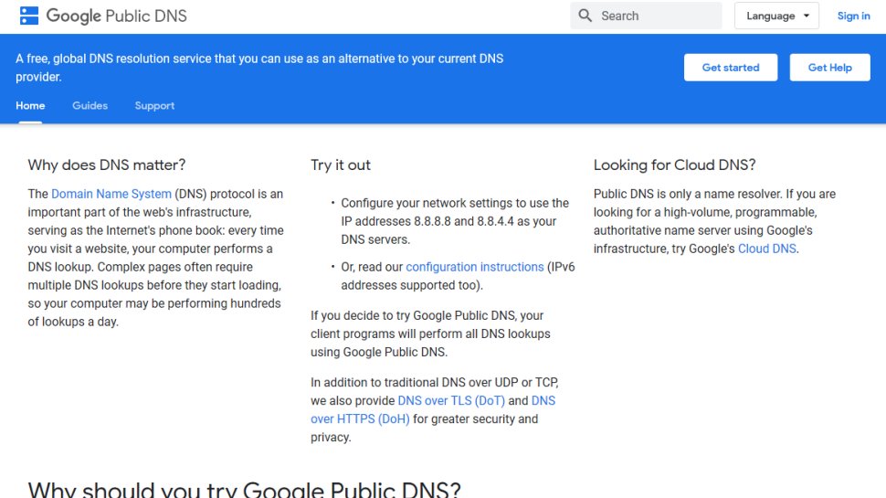 The homepage of Google Public DNS