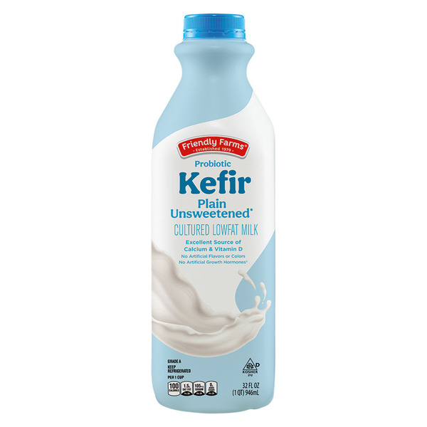 Bottle of Friendly Farms Probiotic Plain Unsweetened Kefir on white background