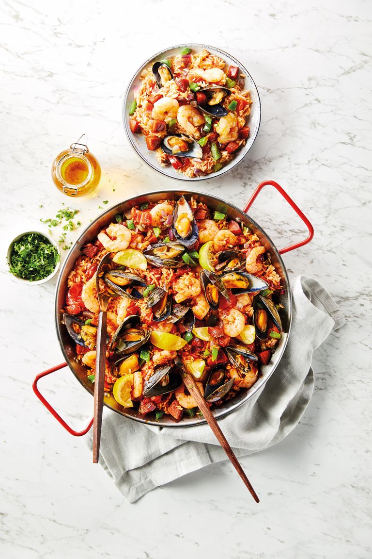 Seafood and chorizo paella