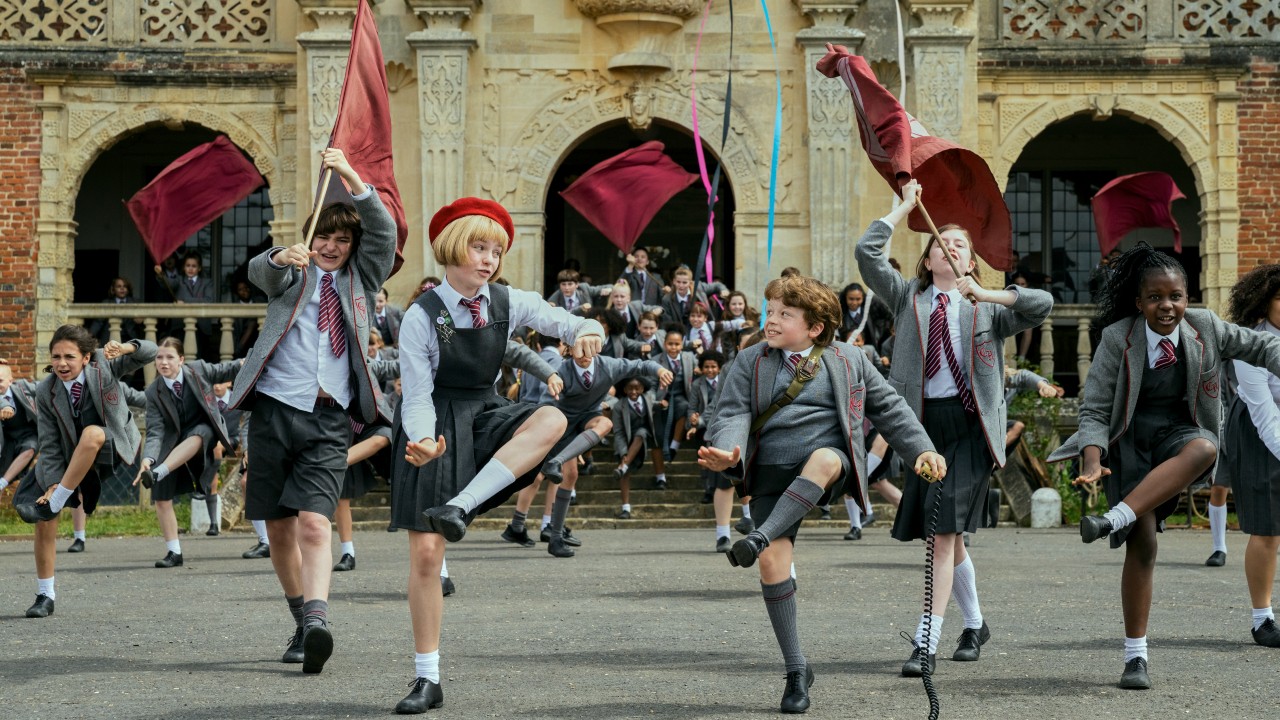 (L to R) Meesha Garbett as Hortensia, Charlie Hodson-Prior as Bruce Bogtrotter in Roald Dahl's Matilda the Musical.