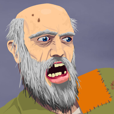 An angry bearded man missing a few teeth