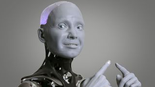 The Ameca humanoid robot on a grey background