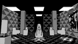 A screenshot from Pager showing an ominous toy in a 1-bit office environment