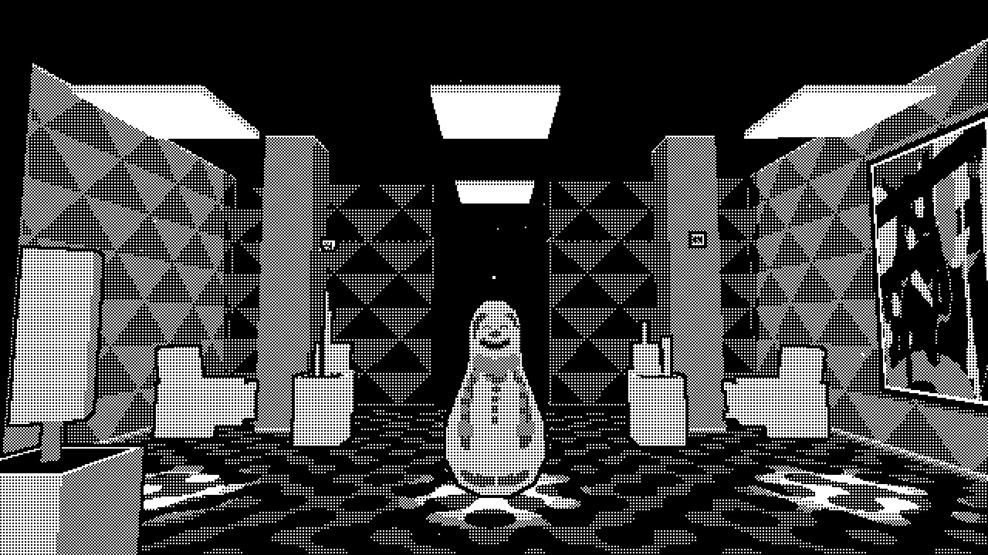 A screenshot from Pager showing an ominous toy in a 1-bit office environment