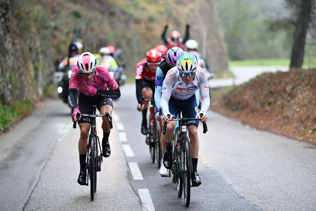 GOURDON FRANCE FEBRUARY 22 LR Kenny Molly of Belgium and Team Van Rysel Roubaix and Matteo Vercher of France and Team TotalEnergies compete during the 57th Tour des Alpes Maritimes et du Var 2025 Stage 1 a 1624km stage from Contes to Gourdon on February 22 2025 in Gourdon France Photo by Billy CeustersGetty Images