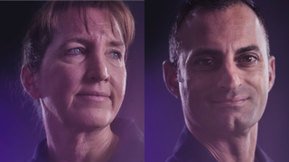 From left to right, side by side, close-up portraits of VMS Eve pilots Kelly Latimer and Jameel Janjua.