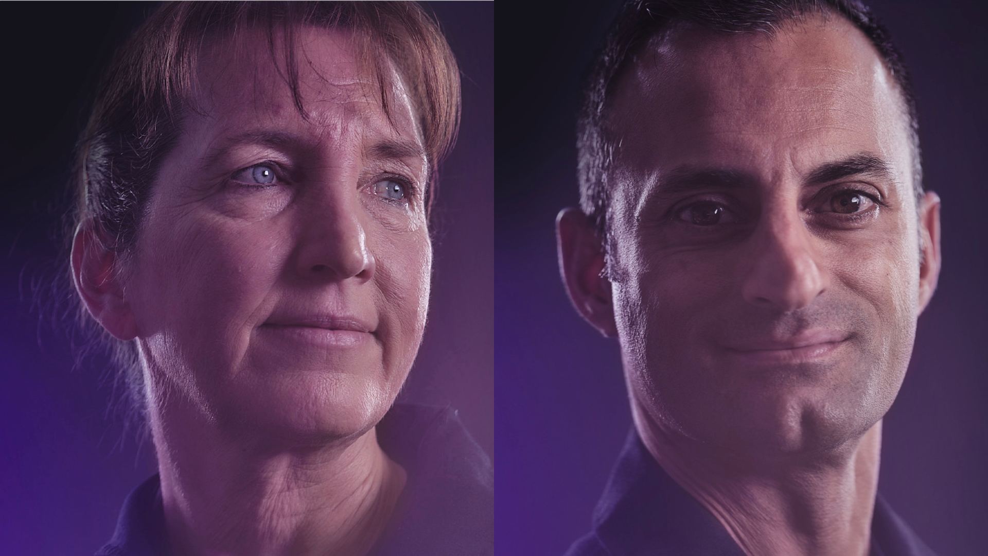 Left to right, side by side, close-ups of VMS Eve pilots Kelly Latimer and Jameel Janjua.