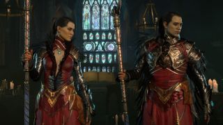 Sorcerers standing side by side, wearing matching red and gold outfits