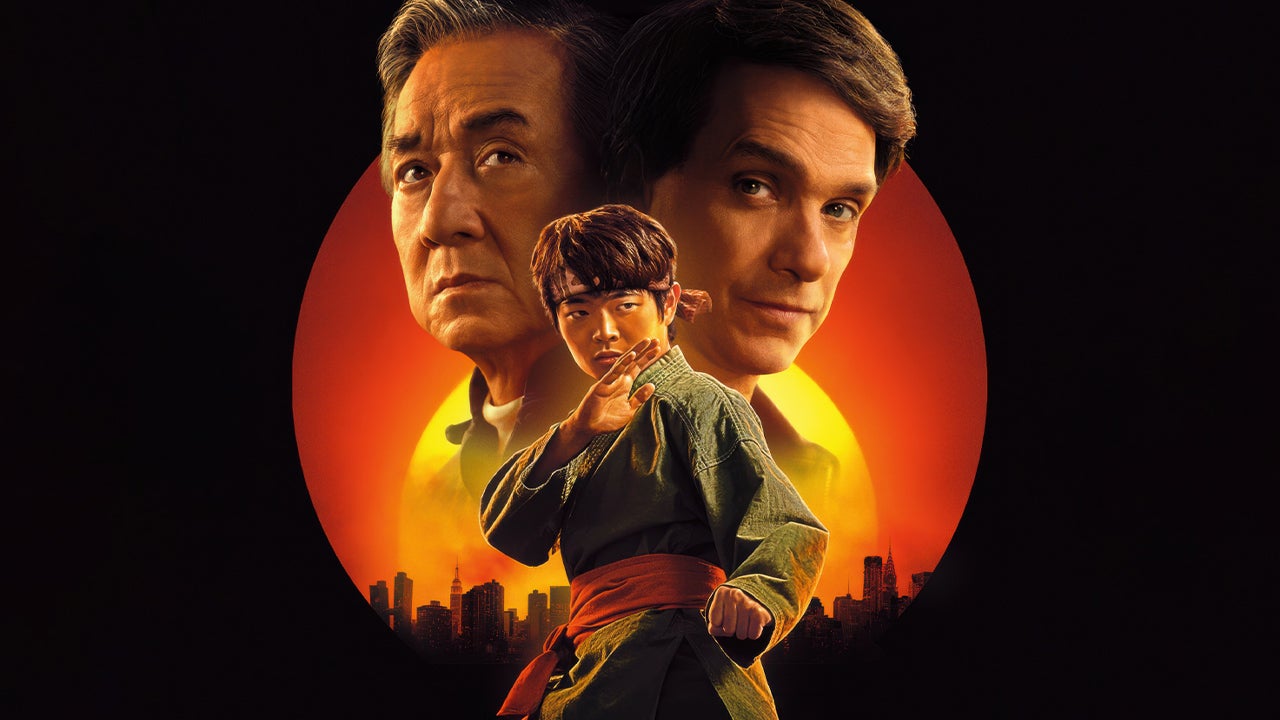 A promotional image for Karate Kid: Legends showing Li Fong flanked by Mister Han and Daniel LaRusso