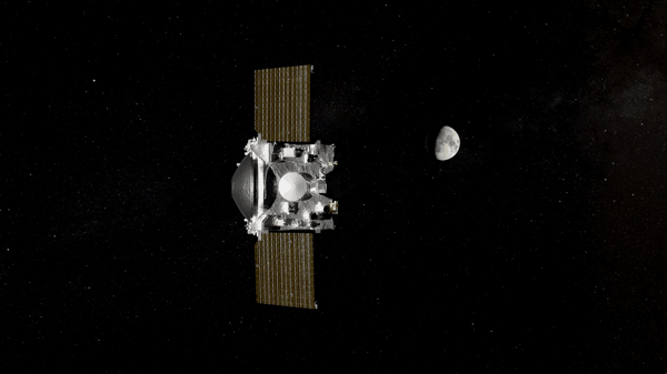 a spacecraft releases a white capsule which continues toward Earth