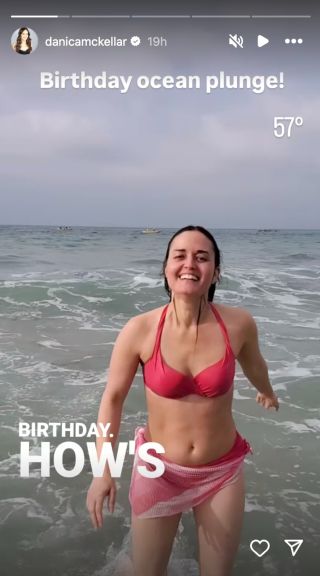 Danica McKellar coming out of the ocean druing her Birthday Ocean Plunge.