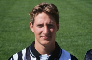 NEWCASTLE UPON TYNE, ENGLAND - JULY 13: Newcastle United player Robbie Elliott pictured in his Umbro home shirt prior to the 1991/92 season at St James' Park in Newcastle upon Tyne, England. (Photo by Danny Brannigan/Hulton Archive)