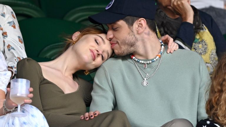Pete Davidson and Phoebe Dynevor hosted by Lanson attend day 6 of the Wimbledon Tennis Championships at the All England Lawn Tennis and Croquet Club on July 03, 2021 in London, England. (Photo by Karwai Tang/WireImage)