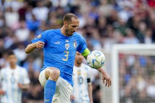 Giorgio Chiellini in action for Italy against Argentina in the 2022 Finalissima match at Wembley.