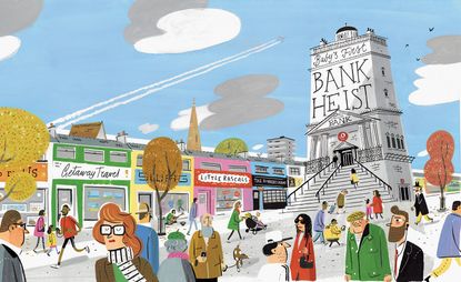 A colourful illustration of a town street with shops, people and a bank building.