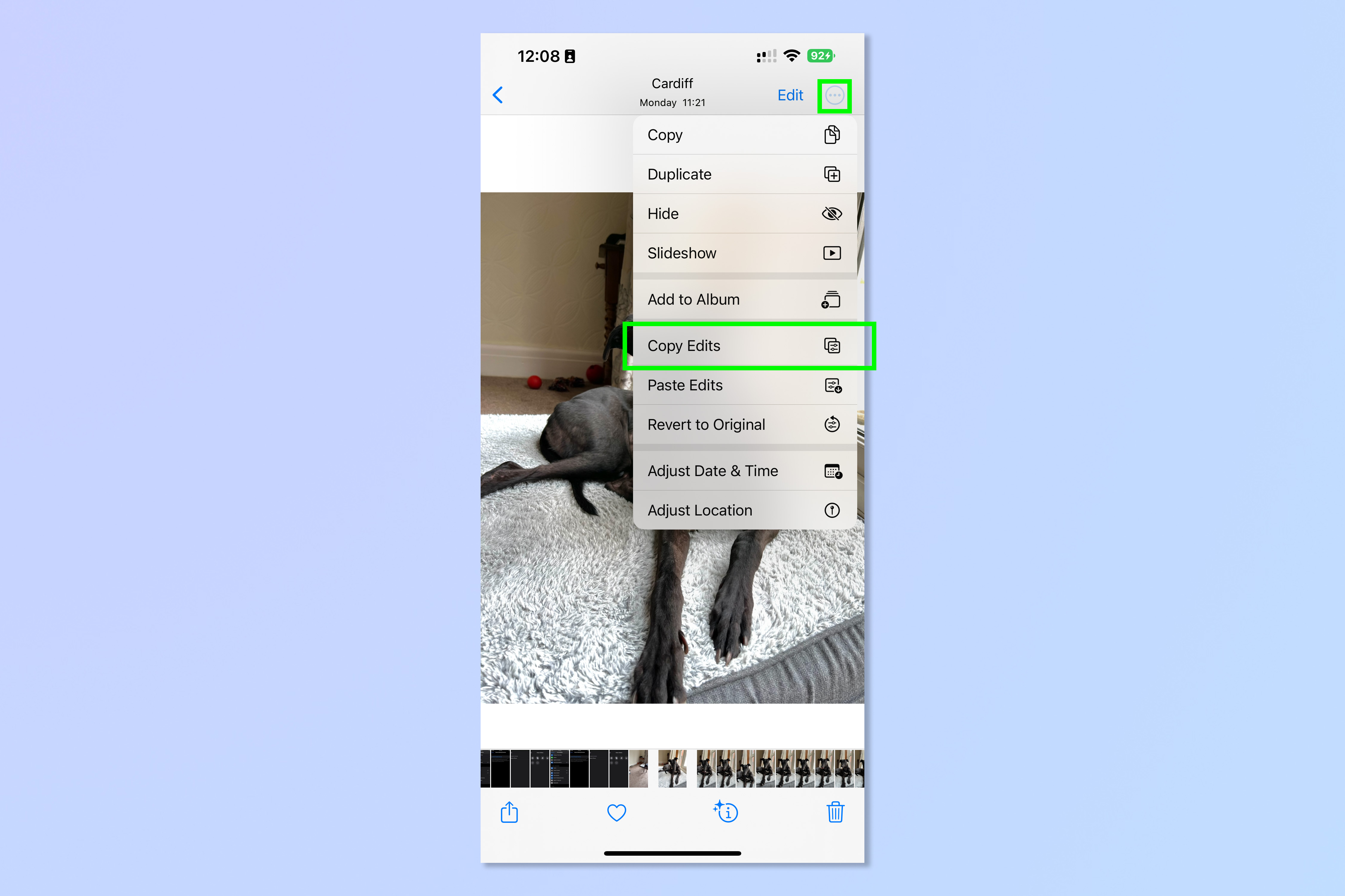 Снимок экрана, показывающий шаги, необходимые для копирования и вставки изменений на iOS.