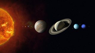 nine planets extend in a line away from a fiery sun