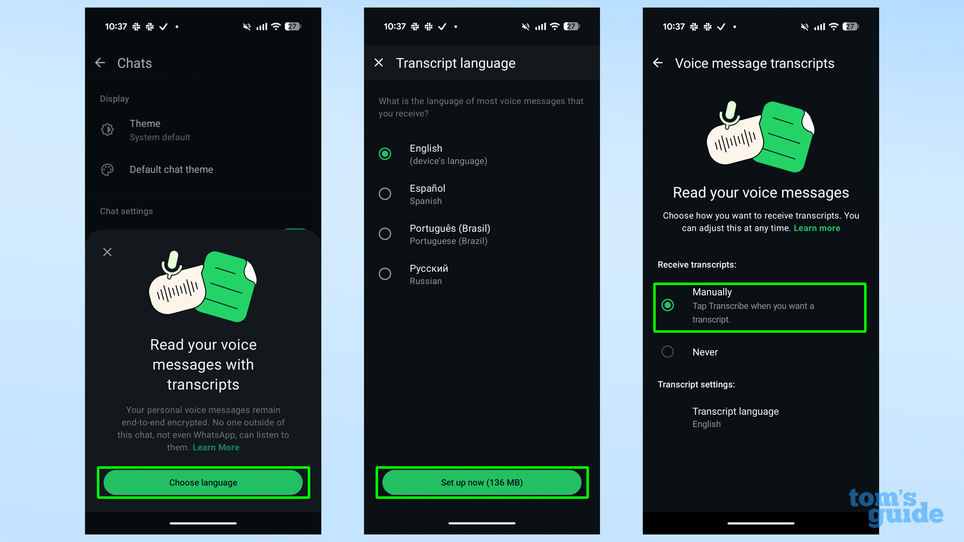 Screenshots showing how to enable voice note transcription in WhatsApp