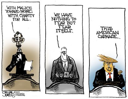 Political Cartoon U.S. Lincoln FDR Trump famous speeches