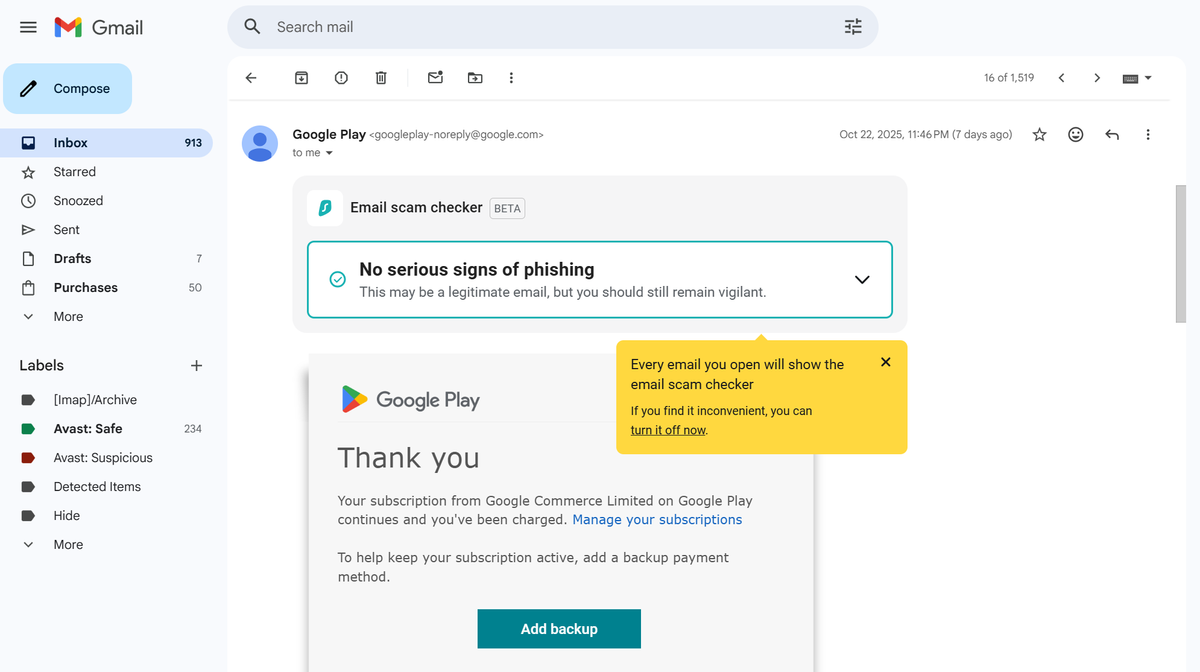 Email on Gmail using Surfshark spam email checker to detect phishing
