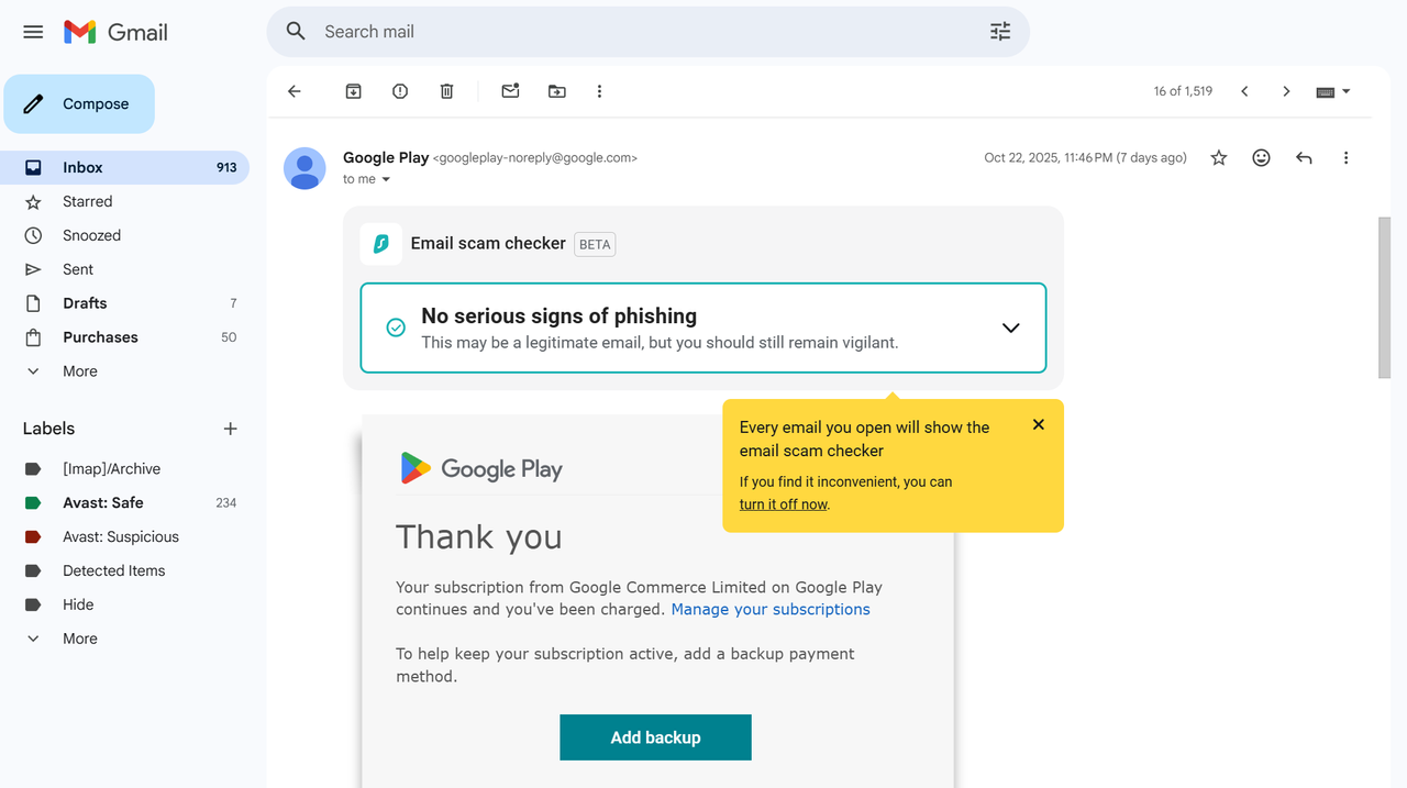 Email on Gmail using Surfshark spam email checker to detect phishing