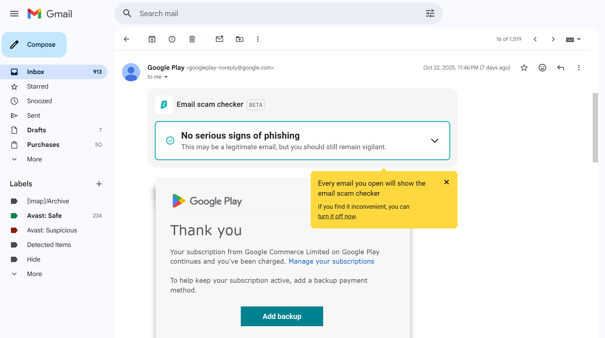 Email on Gmail using Surfshark spam email checker to detect phishing