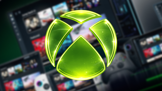 A glowing green Xbox logo shines prominently in the center against a blurred background of Xbox Mode promotional image.