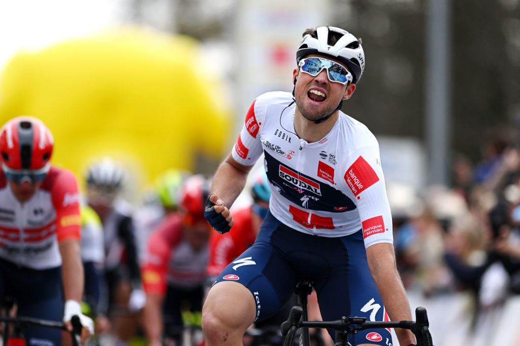 VALLE DE JOUX SWITZERLAND APRIL 26 Ethan Vernon of United Kingdom and Team Soudal QuickStep White best young jersey celebrates at finish line as stage winner during the 76th Tour De Romandie 2023 Stage 1 a 1709km stage from Crissier to Valle de Joux 1019m UCIWT on April 26 2023 in Valle de Joux Switzerland Photo by Dario BelingheriGetty Images