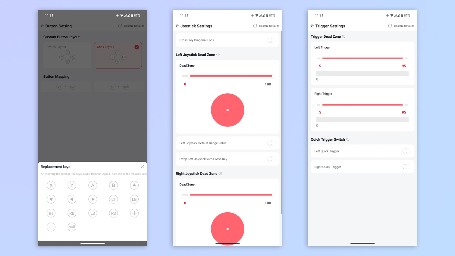 Screenshots of GameSir app on Android