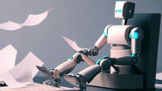 A robot sitting on a desk with a computer with plain papers falling to the ground