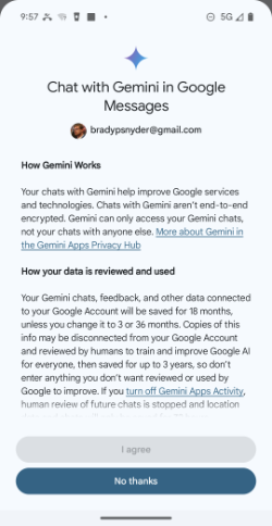 Screenshots showing Google Gemini support in the Google Messages beta.