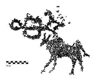 Rock art showing a knight riding a horned animal.