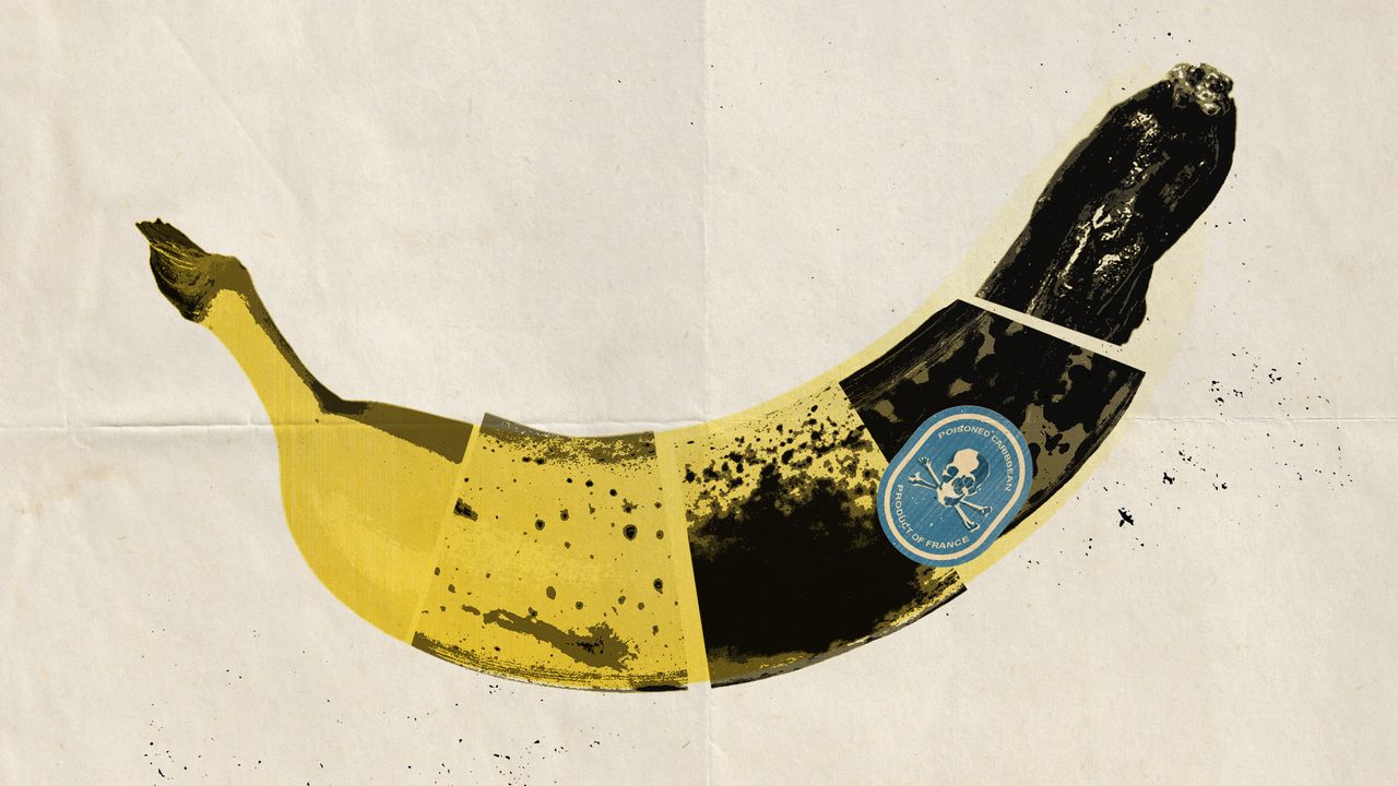 Photo collage of a rotting banana with a sticker on it with a skull and crossbones. The sticker reads, &quot;Poisoned Caribbean - product of France&quot;