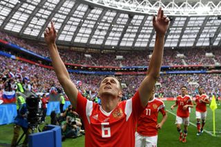 Denis Cheryshev celebrates after scoring for Russia against Saudi Arabia at the 2018 World Cup.