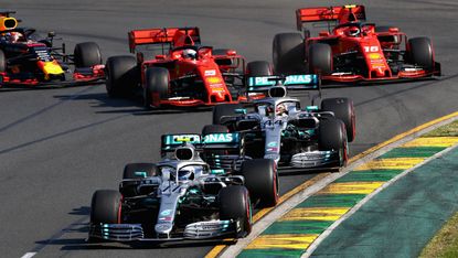 Mercedes drivers Valtteri Bottas and Lewis Hamilton race ahead of Ferrari duo Sebastian Vettel and Charles Leclerc