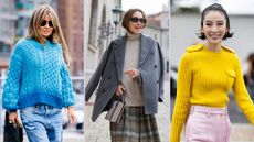 street style images of three women wearing the best jumpers for women 2023