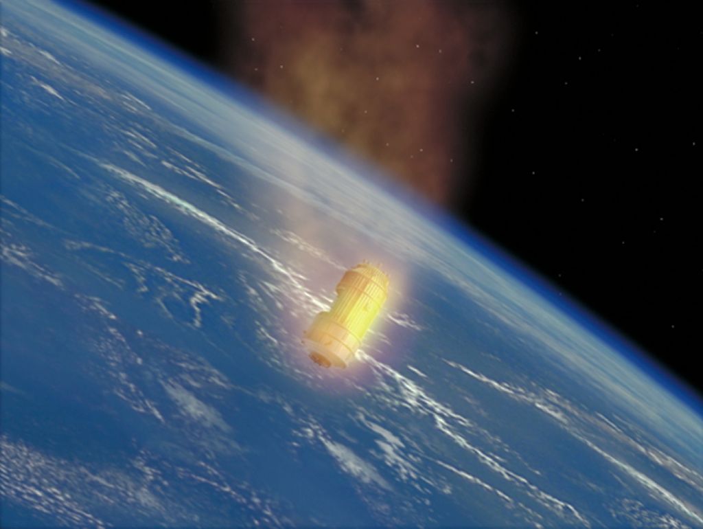 An artist&#039;s illustration of Japan&#039;s robotic cargo ship, the H-2 Transfer Vehicle, burning up in Earth&#039;s atmosphere at the end of its mission.