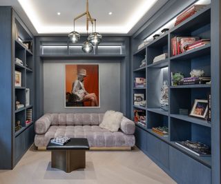 Home snug / home library with couch and blue walls with shelving