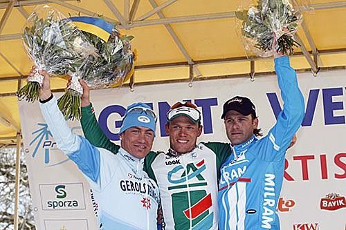 The podium (L to R): David Kopp (2nd), Thor Hushovd (1st) and Alessandro Petacchi (3rd)
